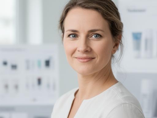Lea Meyer in einem hellen Büro mit Produktmustern und direktem Blick in die Kamera