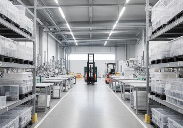 Moderne Produktionshalle am Franzosenweg mit Regalen für Kunststoffbehälter und geordneten Arbeitsplätzen