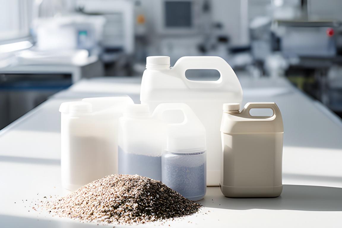 Rezyklat-Granulat und wiederverwendbare Kunststoffbehälter auf einem hellen Produktionstisch mit natürlichem Tageslicht