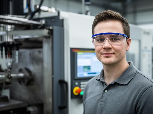 Noah Baumann neben einer Spritzgussmaschine mit Schutzbrille und Produktionsunterlagen
