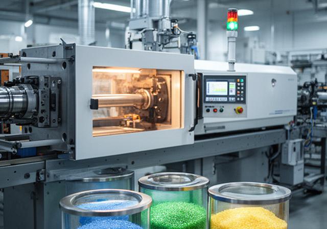 Spritzgiessmaschine mit modernem Bedienpanel und hell ausgeleuchteten Kunststoffgranulat-Behältern