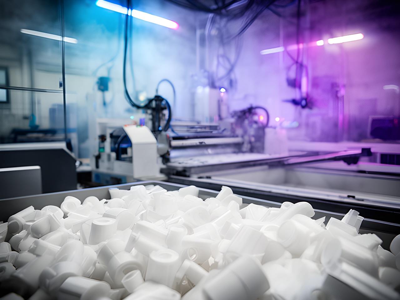 Moderne Kunststoff-Produktionslinie in Zürich mit sauber sortierten Formen und farbigem Lichtspiel