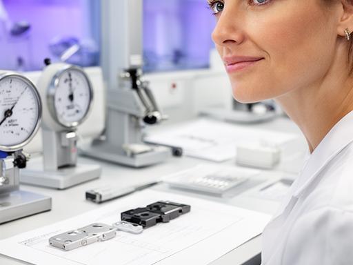 Lina Vogt mit Prüfprotokollen an einem hellen Qualitätsarbeitsplatz und Messwerkzeugen