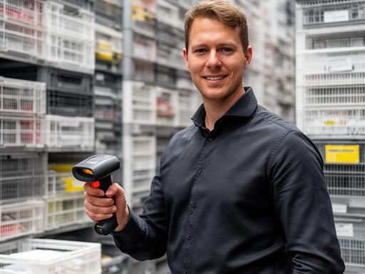 Marc Julian Keller in einem Lager mit Kunststoffboxen und einem Handscanner für Versandaufträge